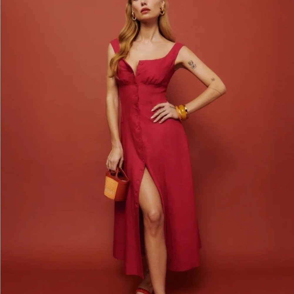 Reformation Louisa Linen Cherry Red Dress